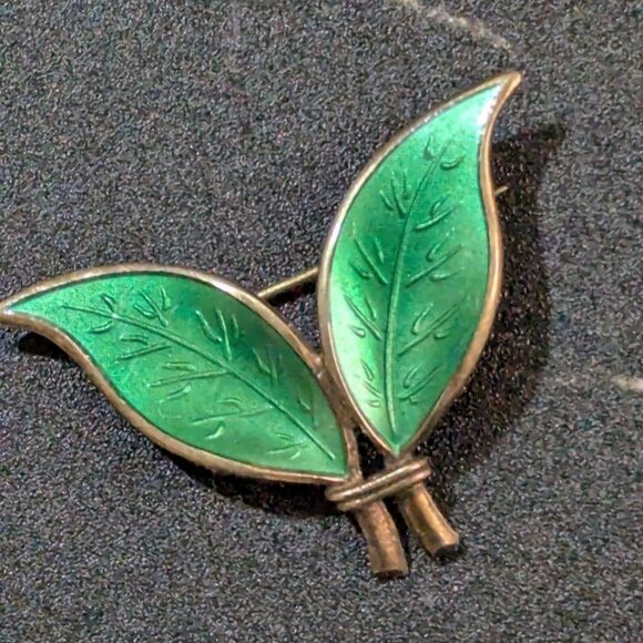 David Andersen Norway Sterling Silver Green Enamel Double Leaf Pin Brooch - Picture 1 of 6